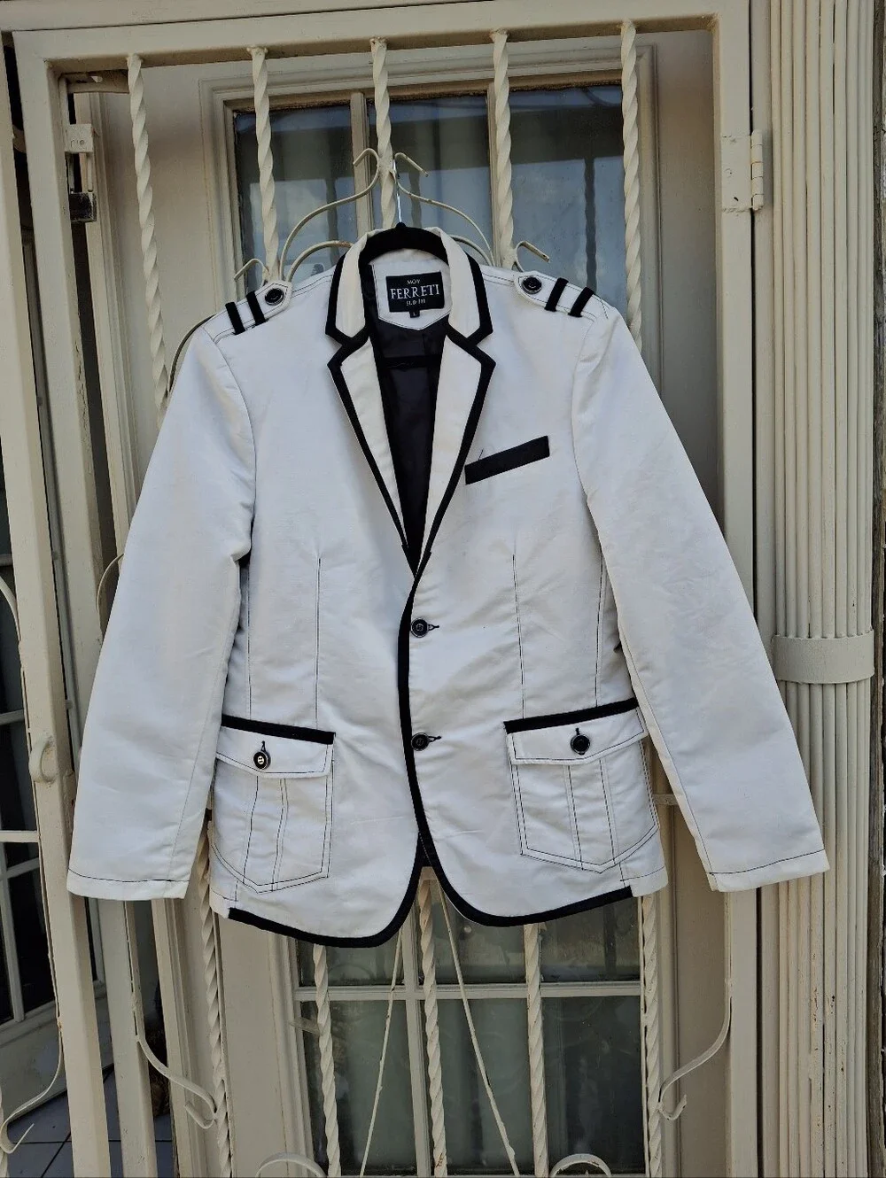 Moy Ferreti White & Black Military Nautical Contrast-Trim Blazer Men Size Large